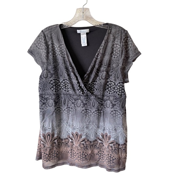 lizwear Tops - Vintage Lizwear Y2K Whimsigoth Mesh Overlay Surplice Top Ombre Lace Paisley XL